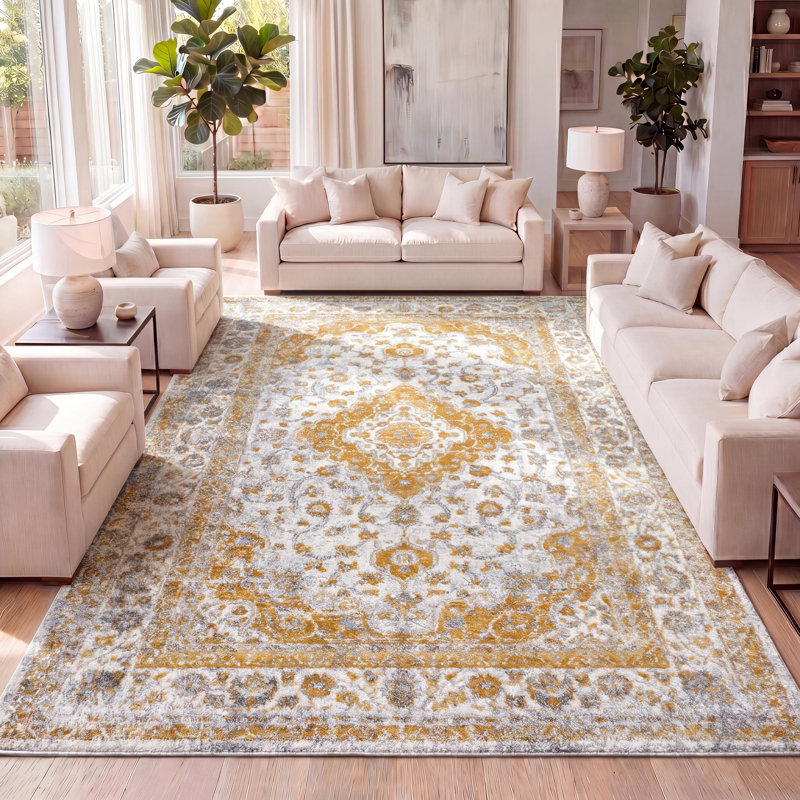 Tapis orange / crème Indhira Ornate Medallion, Rectangulaire 3 pi x 5 pi