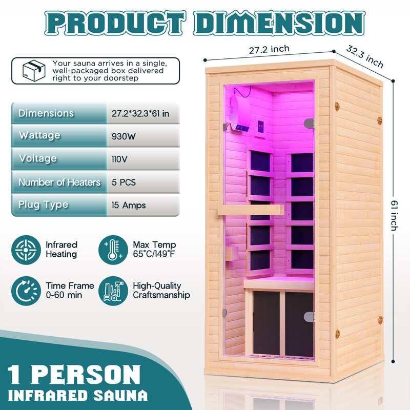 Indoor Infrared Sauna for 1 Person, 930W/110V Hemlock Wood Sauna with Tourmaline Stone foot Heater, 7-Color Light Therapy, Dual Bluetooth Speaker, Easy Assembly – Compact Indoor Spa 27.2"x32.3"x61"