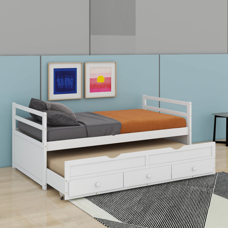 Twin Size Bed With Headboard, Footboard, Trundle And Three Storage Drawers, White
