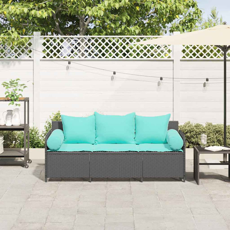 Patio Sofa With Cushions 3-Seater Poly Rattan, Turquoise, Black
