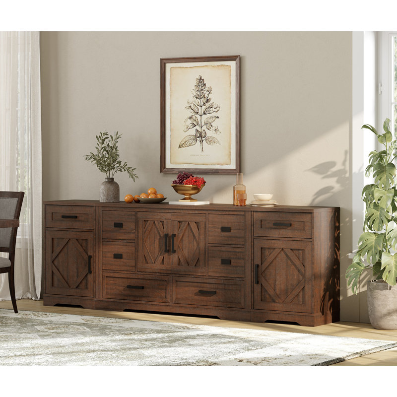 Glenford Farmhouse 93.3"W Rustic Storage Cabinet Combo With Barn Doors & 8 Drawers, Adjustable Shelves, Walnut