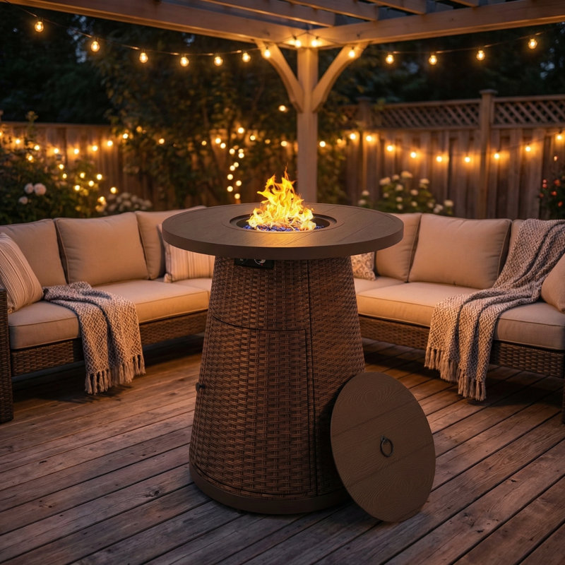 Counter Height 37"H X 31.5“W Rattan Propane Outdoor Fire Pit Table With Cover, Brown