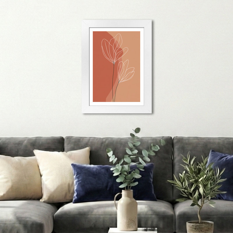 Scandinavian Botanical Linework Wall Art Home Decor - Minimal Terracotta & Peach Floral Illustration, Elegant Nordic Plant Giclee Art Print 1 Piece Wall Art