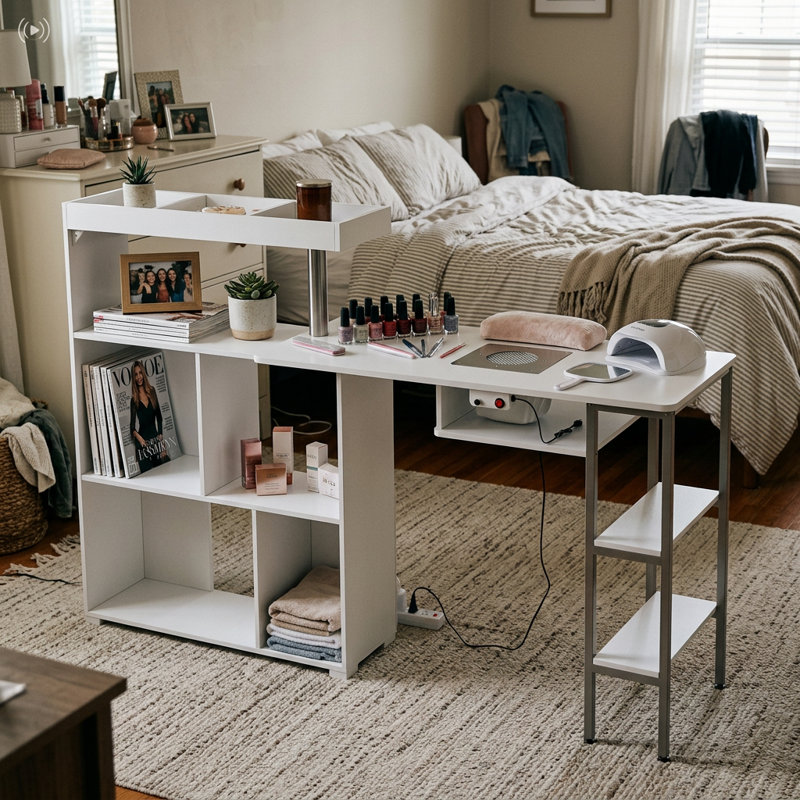 Nail Table With Built-In Electric Dust Collector | Adjustable Angle & 4-Tier Storage Rack