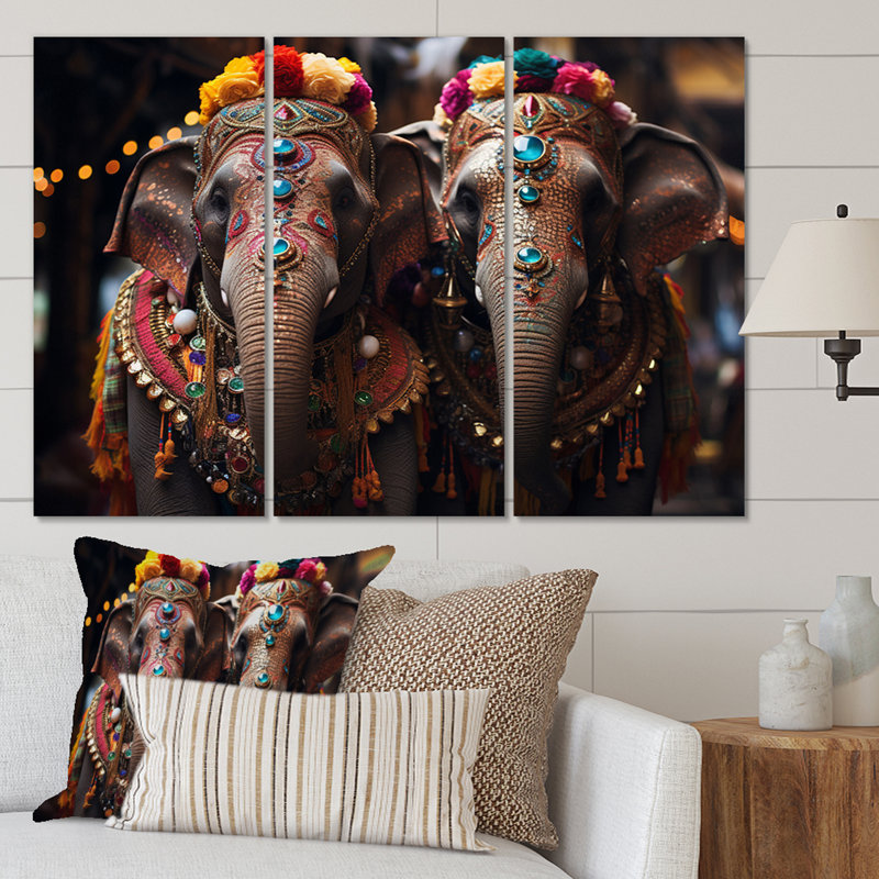 Art asiatique, éléphants thaïlandais I, impression sur toile 3 pièces, H 28 po x l 36 po x P 1 po