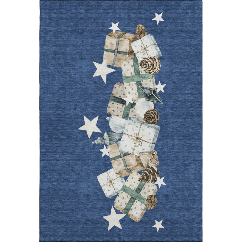 Premium Machine Washable Castillon AMF1825 Stars and Presents Holiday Rug, Rectangle 10' x 14'