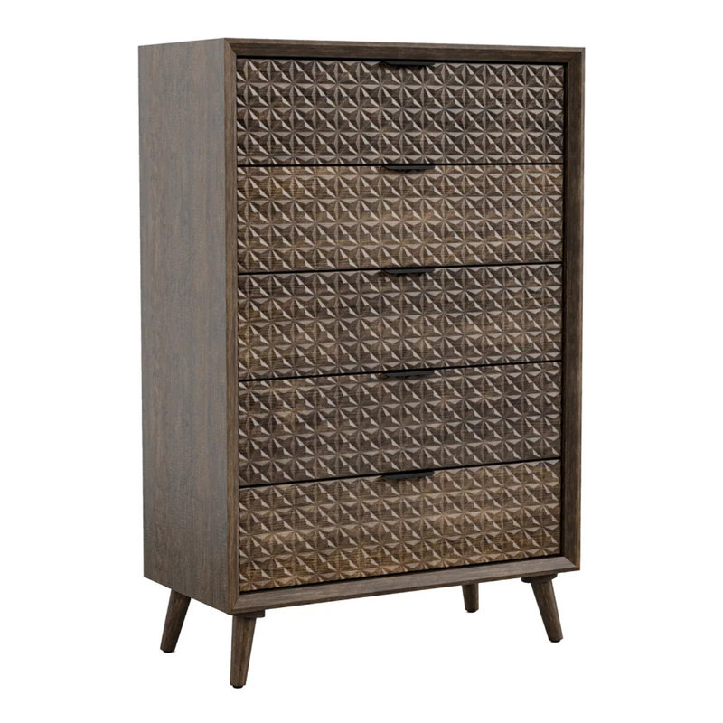 Commode 5 tiroirs Fel avec commode texturée 3D, brun foncé