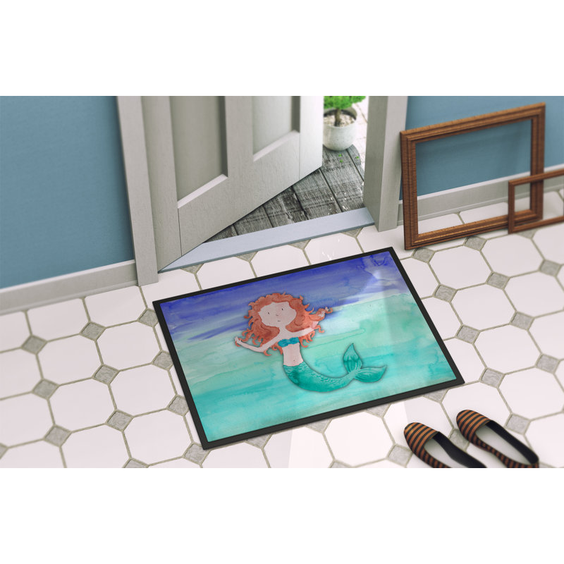 Tapis de porte d’extérieur antidérapant à aquarelle sirène gingembre, Rectangle 1 pi 6 po x 2 pi 3 po