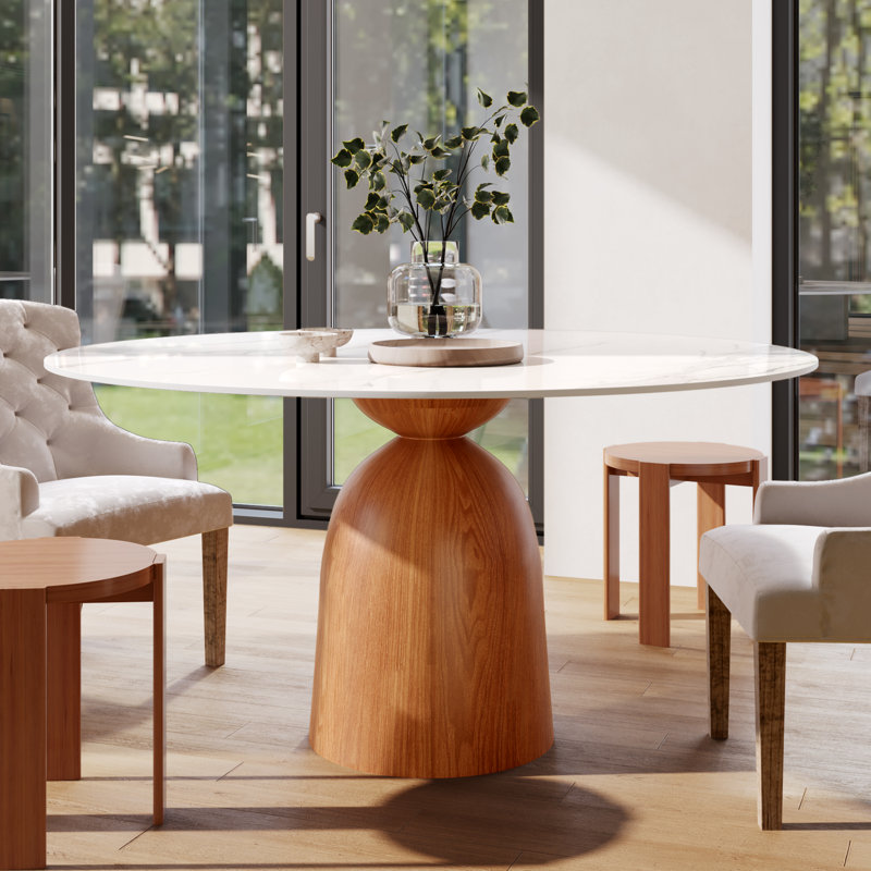 Ikerne Modern Round Dining Table Solid Wood Pedestal Kitchen Table For 4/6/8, 29.5"H x 53"L x 53"W, White