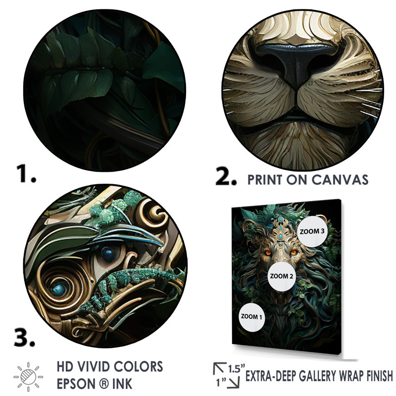 «Lion Verdant Guardian I», reproduction sur toile, Cadre flottant doré, H 20 po x l 12 po x P 1 po
