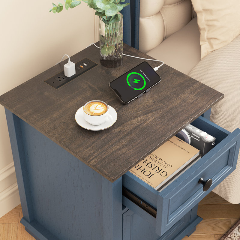 Azella 1-Drawer Frame End Table Set with Storage and Built-In Outlets, Cherry
