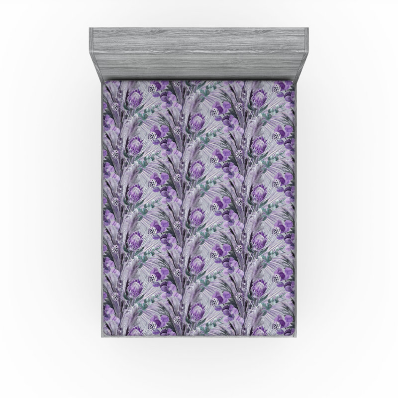 Drap-housse à motif floral Ambesonne, Violet, mauve, gris, bleu sarcelle / floral, Drap-housse de taille très grand