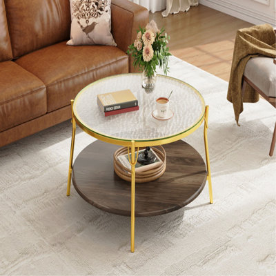 Table basse moderne à 2 niveaux en noyer avec plateau en verre et base dorée pour salon, 29,9 po