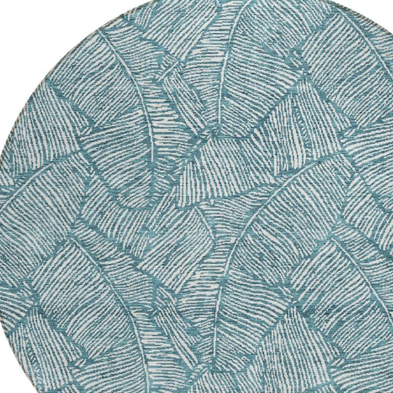 Tapis extérieur rond lavable floral bleu sarcelle et ivoire 8 pi