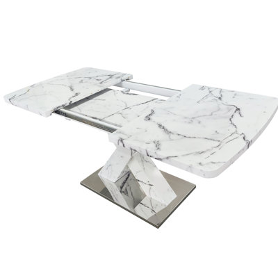 Modern Dining Table, Stretchable, with Printed White Marble Table Top+MDF