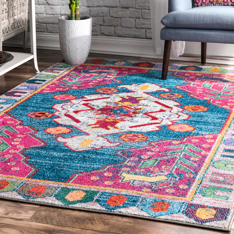 Tapis rose / bleu Hettie Southwestern, Rectangle 5 pi x 8 pi