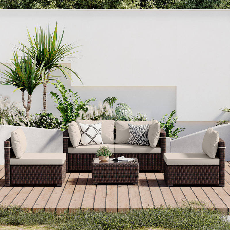 5-piece wicker patio conversation sets with cushions, Beige, 5 Pcs, Brown