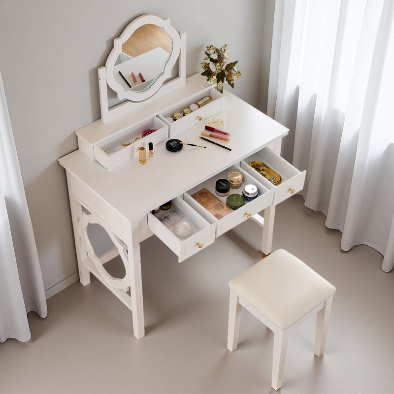 Coiffeuse compacte avec miroir réversible, coiffeuse avec tabouret, coiffeuse compacte pour petits espaces