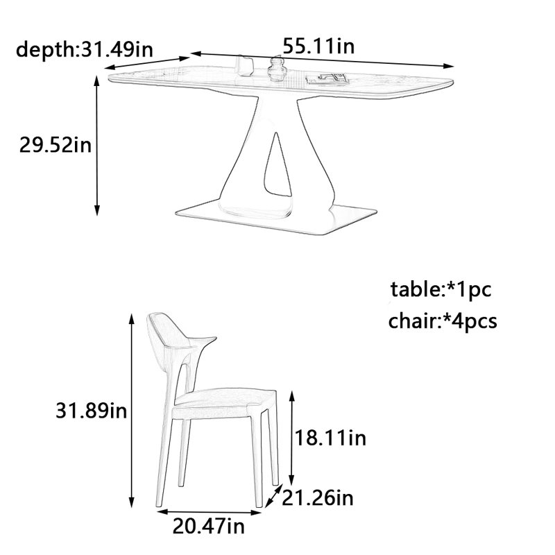 Ensemble de table et de chaises élégantes, H 29,52 po x L 55,11 po x l 31,49 po