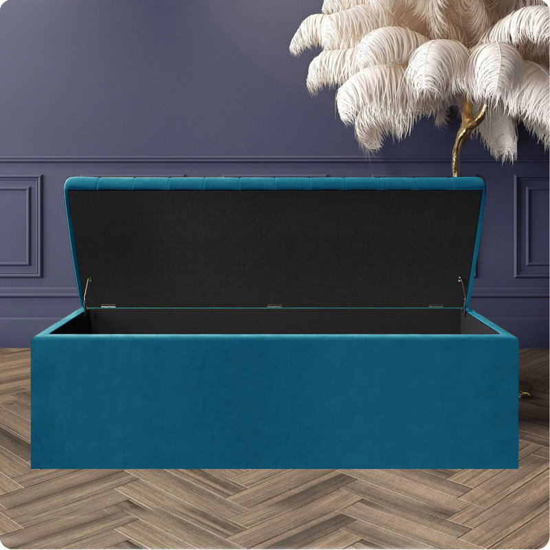 Safar Wide Velvet Rectangle Solid Color Standard Ottoman Box with Storage, Emerald Green Plush Velvet, 180 cm