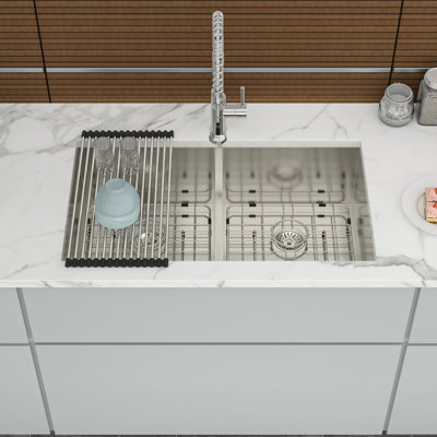 33"X19" Stainless Steel Undermount Double Bowl Sink, 16 Gauge, 10" Deep Basin, With Bottom Grid For Protection Undermount, With And Strainers