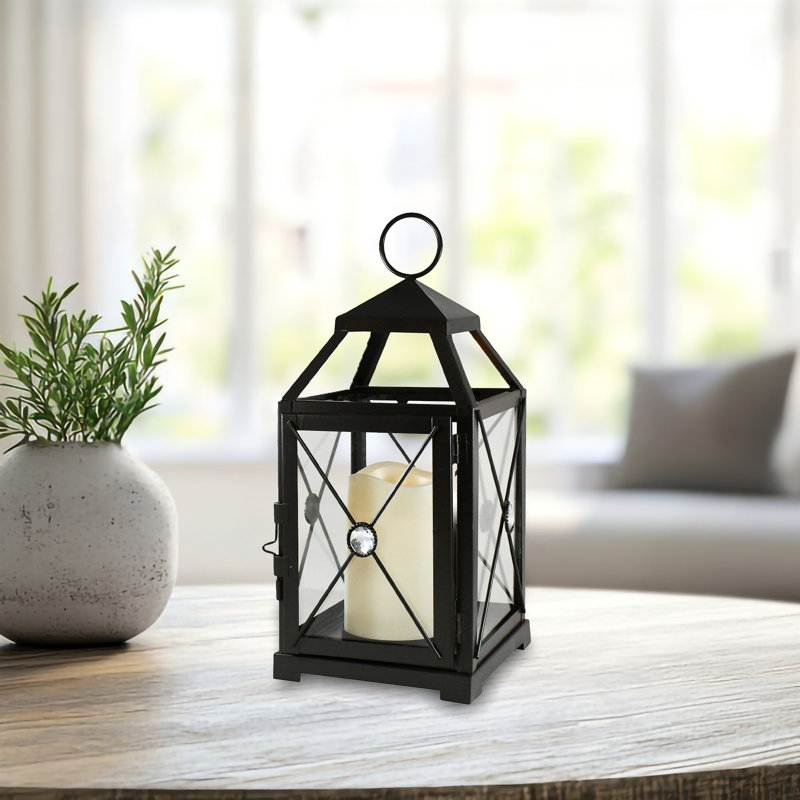 Black Gem Metal Lantern with Battery-Operated Candle