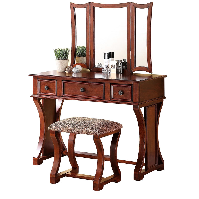 Modern Rustic Bedroom Vanity Furniture, Stool, Foldable Mirror Drawers, Cherry Color Veneer Collection Vanity, Finish, Furniture Piece