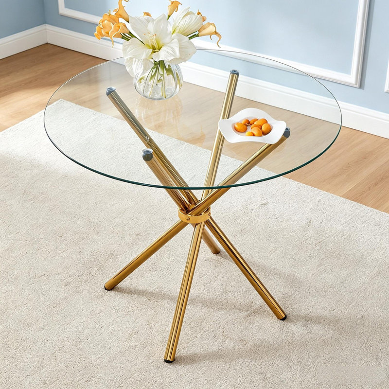 Modern 29.5" Round Clear Glass Coffee Table with Metal X-Base for 4-6 People, Gold, Clear / Gold