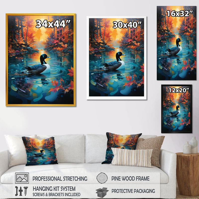 «Autumn Duck Stream Sunset» - art mural animal canard, Cadre flottant noir, 44" H x 34" W