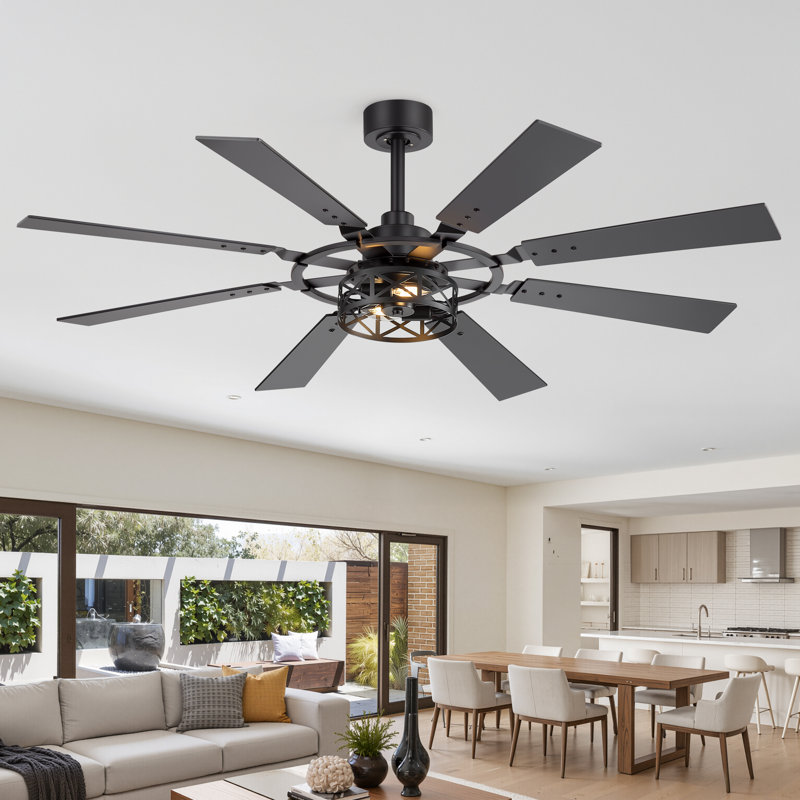 52 po / 65 po. Ventilateurs de plafond noirs avec lumières - Ventilateur de plafond intérieur avec lumière et télécommande, 8 pales, ventilateur de plafond moderne réversible pour chambre à coucher