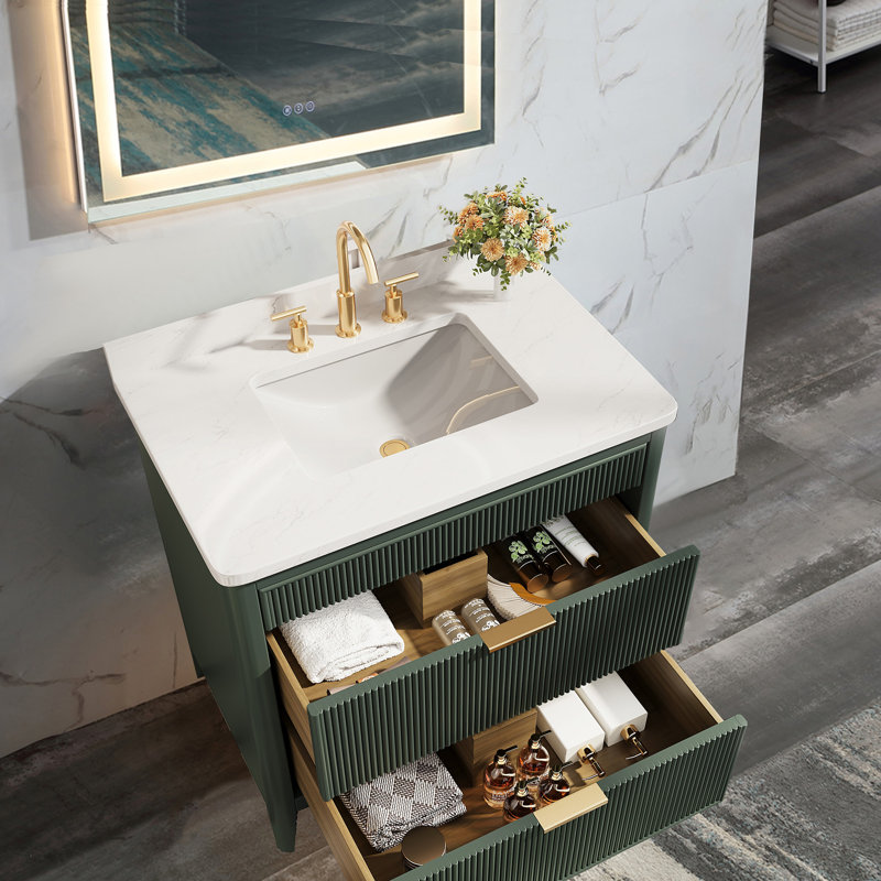 Solid wood Modern Freestanding Single Sink Bathroom Vanity with Engineered Marbl Top, 30", Vintage Green