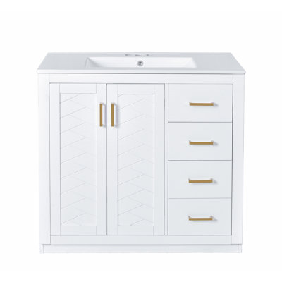 36'' Bathroom Vanity with Ceramic Sink Combo, Solid Wood Frame Bathroom Storage Cabinet