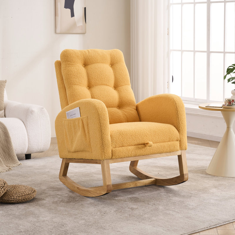 Chaise berçante d'appoint avec repose-pieds à haut dossier en bois d'hévéa LY-5104, Jaune