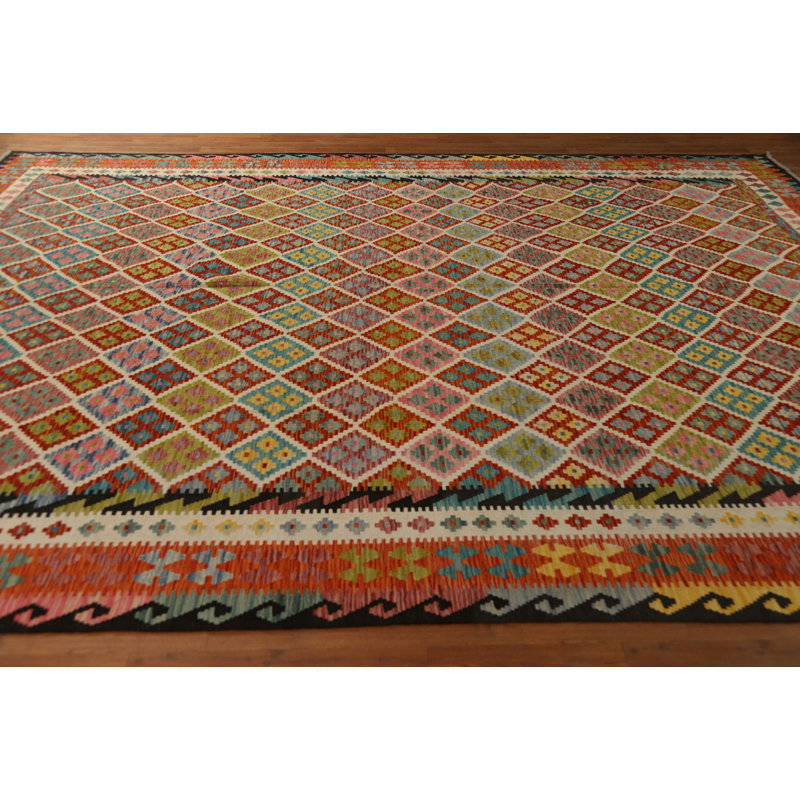 Tapis oriental en laine à motif géométrique treillis Kilim 10 x 13