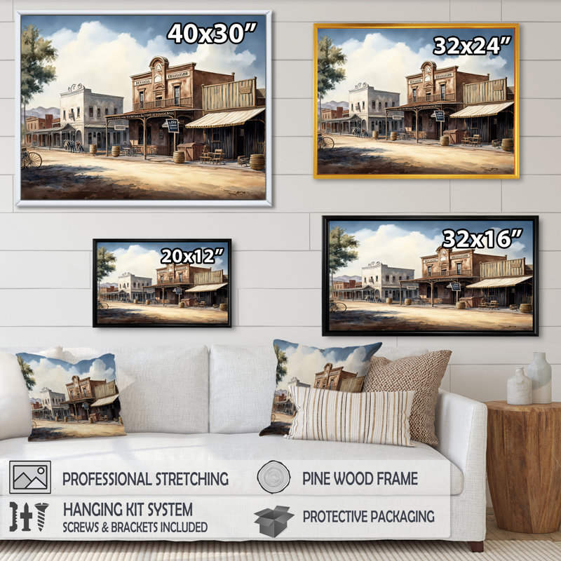 Arizona Wild West Town II - impression sur toile, H 24 po x l 32 po x P 1 po, Toile avec cadre flottant noir