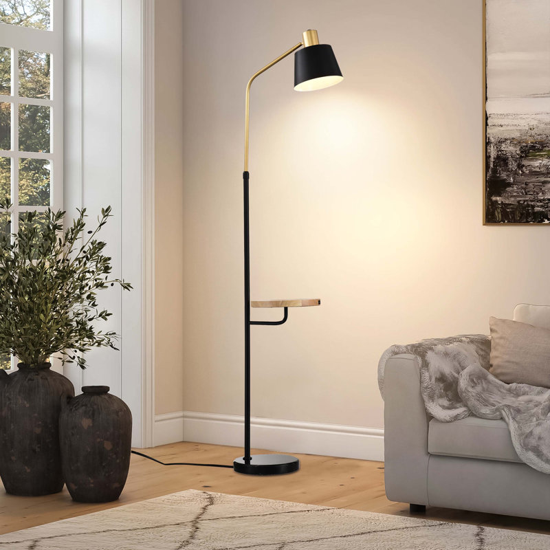 Real Marble Floor Lamp with Wood Bedside Nightstand End Table and Built-in USB Charging Port
