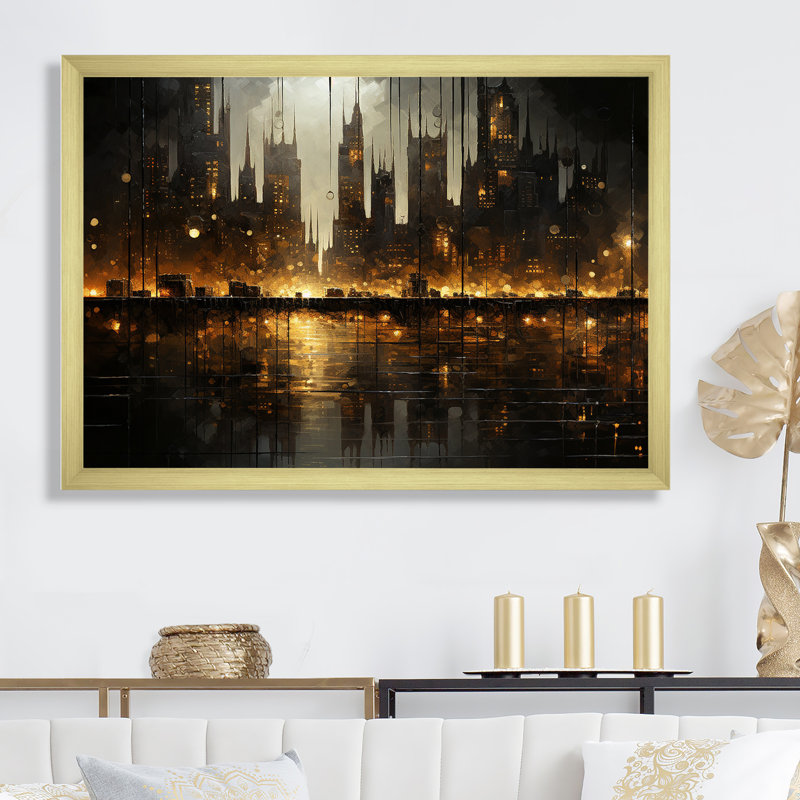 " Nyc Cityscape Night Noir I ", Gold Single Picture Framed, 12" H x 20" W x 1" D