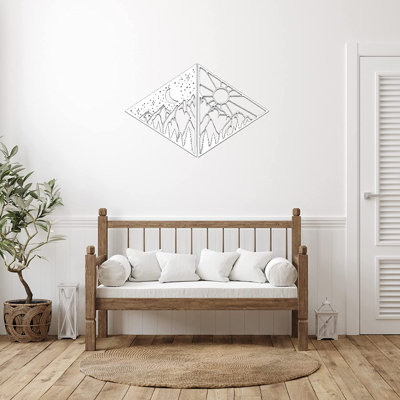 Day and Night Mountains Metal Wall Art - Split Landscape Nature Decor - Sun Moon Mountain Silhouette Design - Modern Industrial Metal Sculpture - Rustic Cabin Lodge Wall Hanging - Outdoor Home Decoration - Statement Art Piece