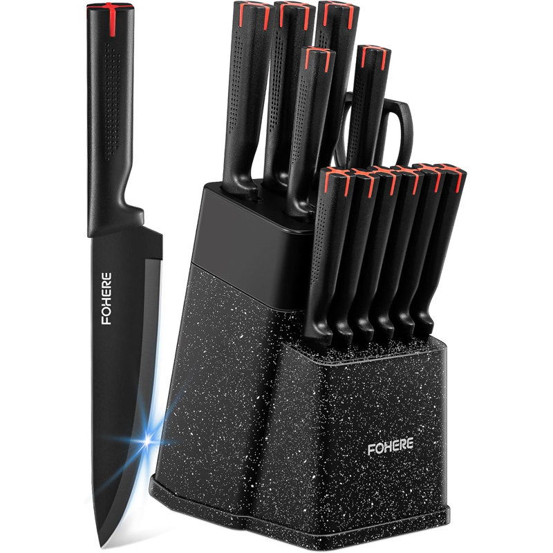 FOHERE 13 Pieces Knife Set with Block Kitchen Knive Sets with Built-in Sharpener Sharp Knife,Black Granite