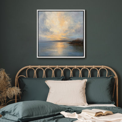 Framed Canvas Wall Art - Seaview Sunset Abstract Wall Prints for Bedroom - 16"x16"