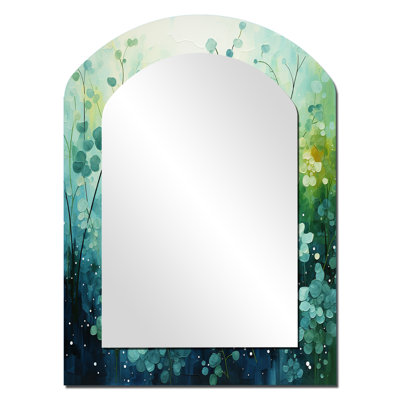 Misty Meadow I - Landscapes Asymmetrical Mirror, Teal Arch Unique Wall Mirror, Printed Metal Art