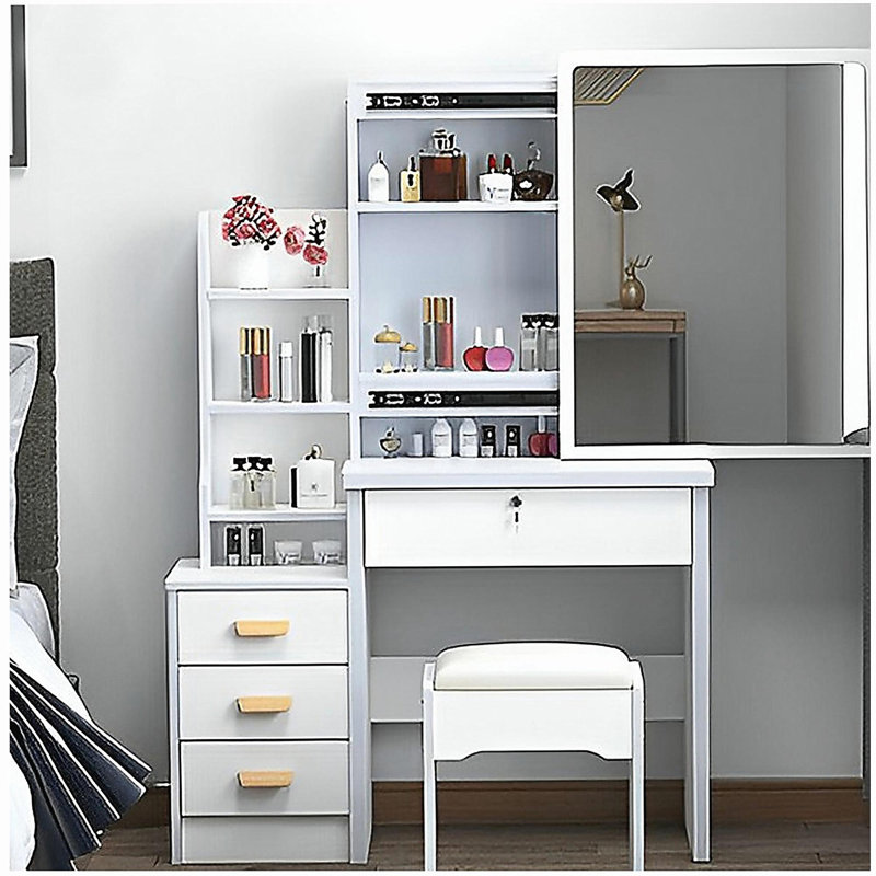 Fashion Vanity Desk with Mirror and Lights for Makeup and Chair, Vanity Mirror with Lights and Table Set with 3 Color Lighting Brightness Adjustable, 4 Drawers, White Color
