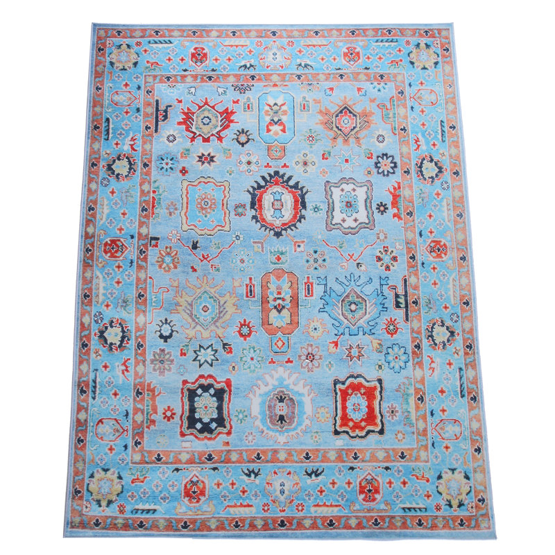 Tapis carré moderne bleu Oushak lavable à la machine avec rembourrage intégré et envers antidérapant, Rectangle 6 pi x 9 pi