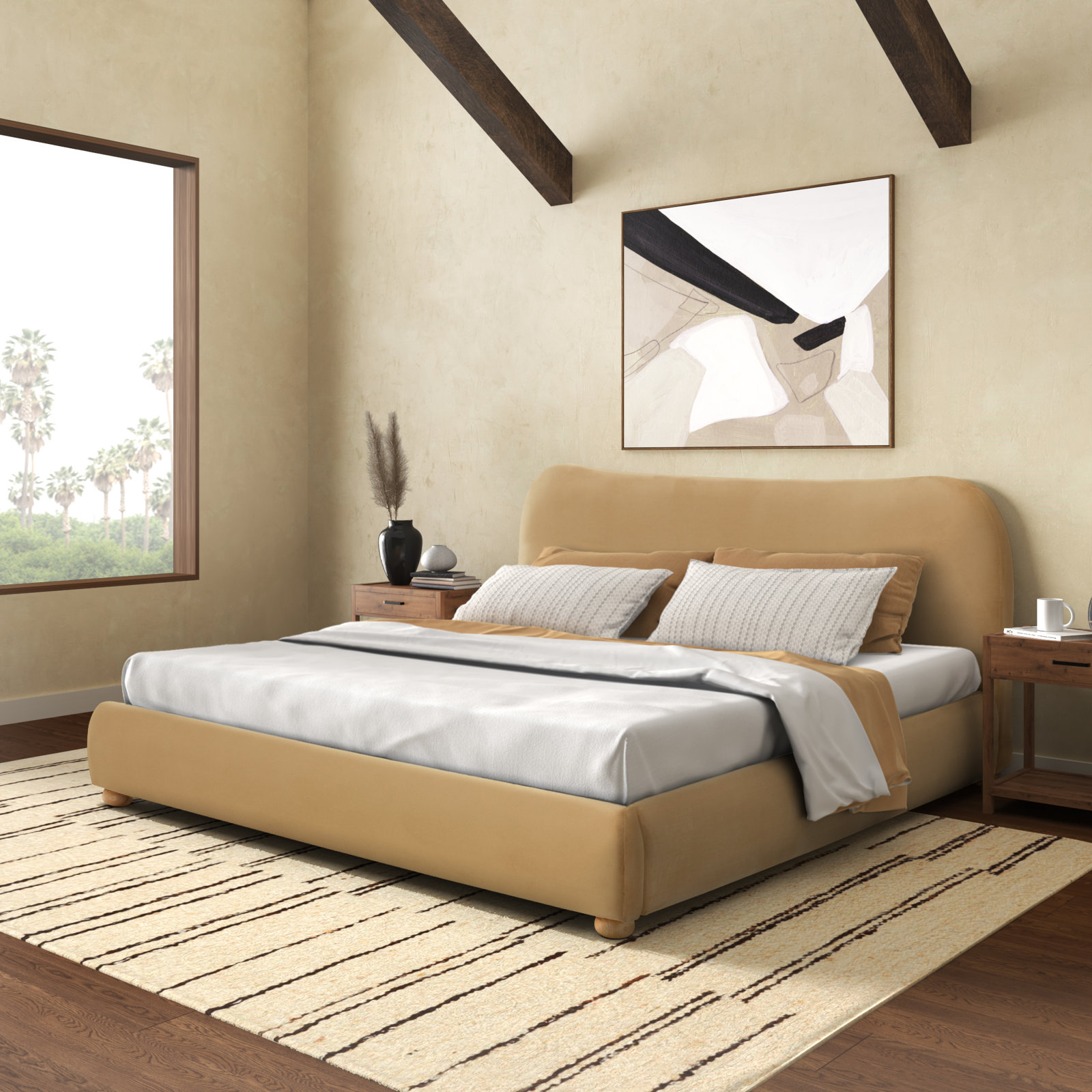 Liza Upholstered Bed, Queen, Light Brown Velvet