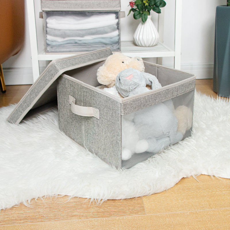 3 Pack Foldable Fabric Bin Set with Lid and Handle, Grey