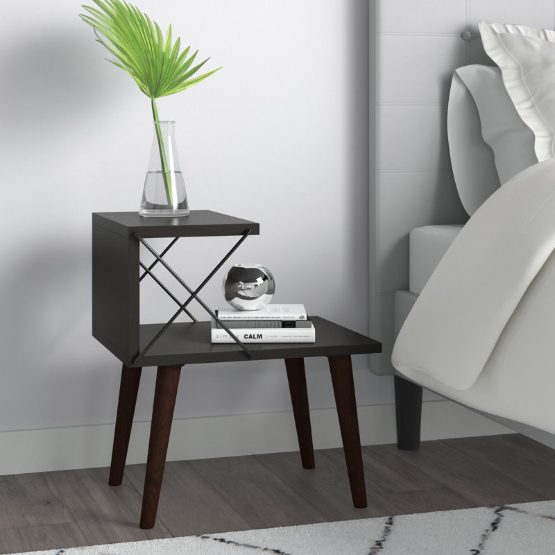 Modern Nightstand with Beech Legs, Anthracite Color, 19.7 x 21.7 x 15.7 inches | 100% Melamine Coated Particle Board, Thickness: 0.7 inches | Multiple Shelves for Storage | Stylish & Functional Industrial Design
