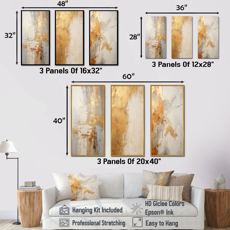 Ensemble de 3 décorations murales abstraites dorées et blanches, Cadre flottant blanc, H 32 po x l 48 po