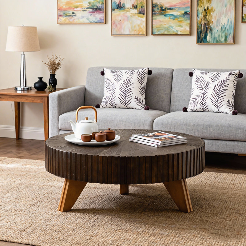 Table basse ronde de 35,4 pouces pour un décor moderne et traditionnel, Naturel, Brun, H 13,77 po x L 35,40 po x l 35,40 po