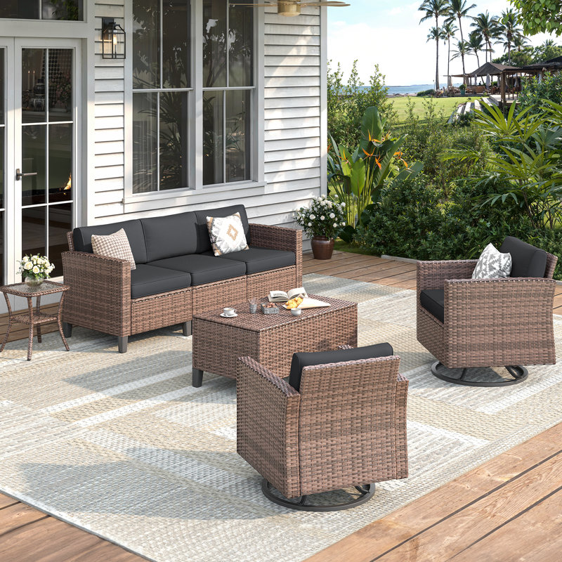 5-Person Outdoor Patio Conversation Set With Storage Coffee Table – Galvanized Steel Frame, PE Rattan, 4" Quick-Dry Cushions
