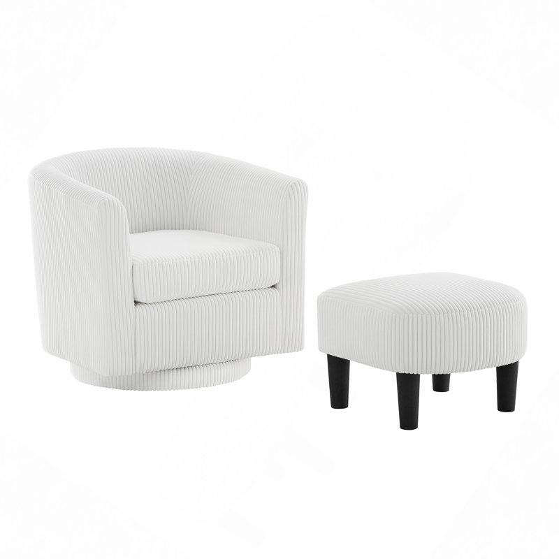 Upholstered Chair With Ottoman, White Corduroy